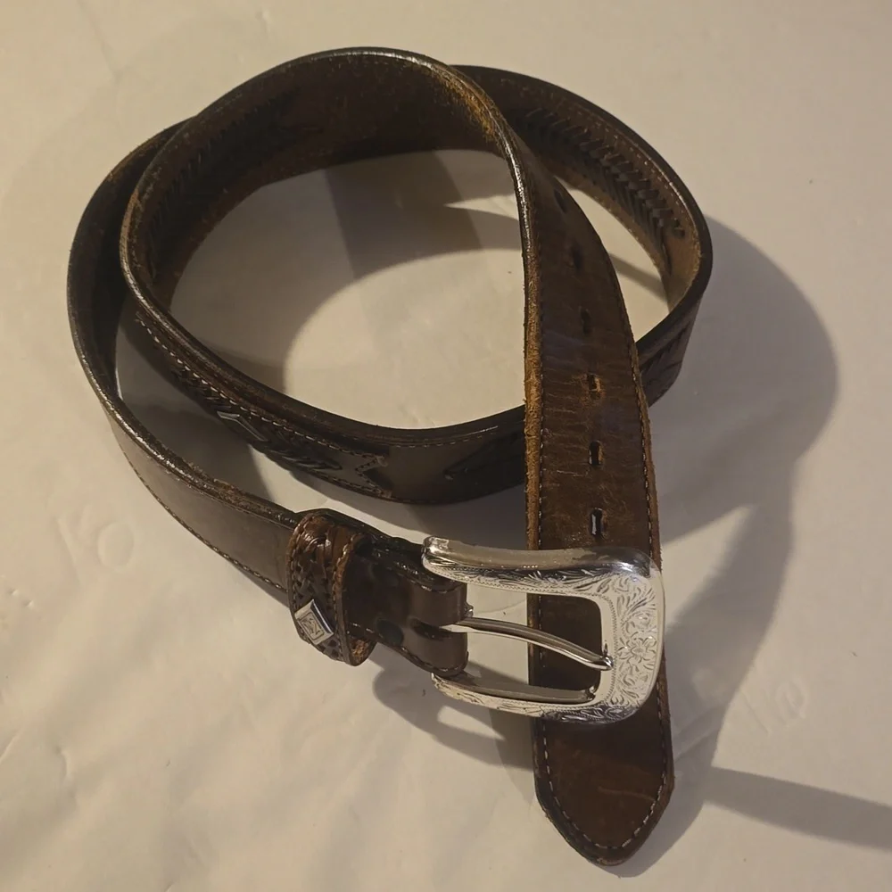 Vintage Western Belt Brown Top Grain Leather Woven detail Silver emblem Sz.L